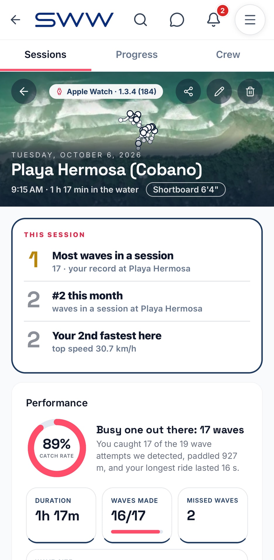 A surf session in the app: the beach from above with the waves drawn on it, the session against the surfer's records there, and the catch rate