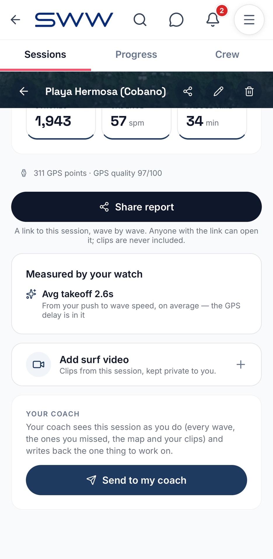The end of a session: Share report, add a surf video, and Send to my coach